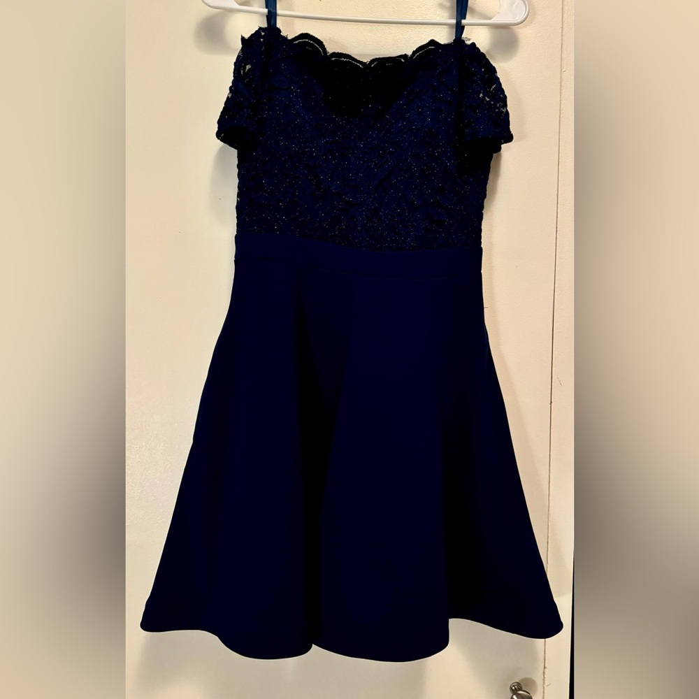 Macy’s City Studios off the shoulder lace party dress, Navy blue.